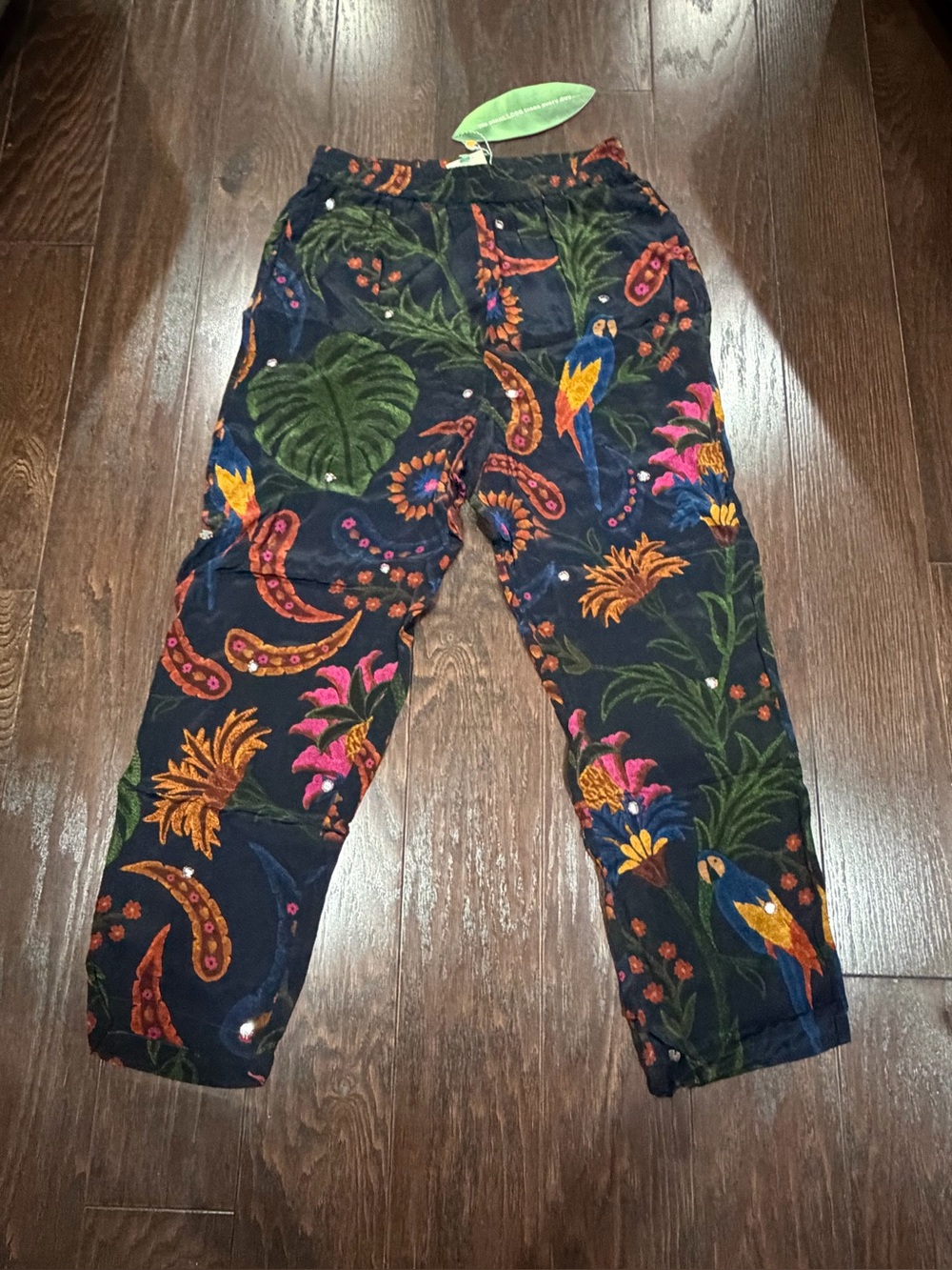 Farm Rio Anthropologie Navy Tropical Tapestry Pant Bead Boho Palm Medium NEW